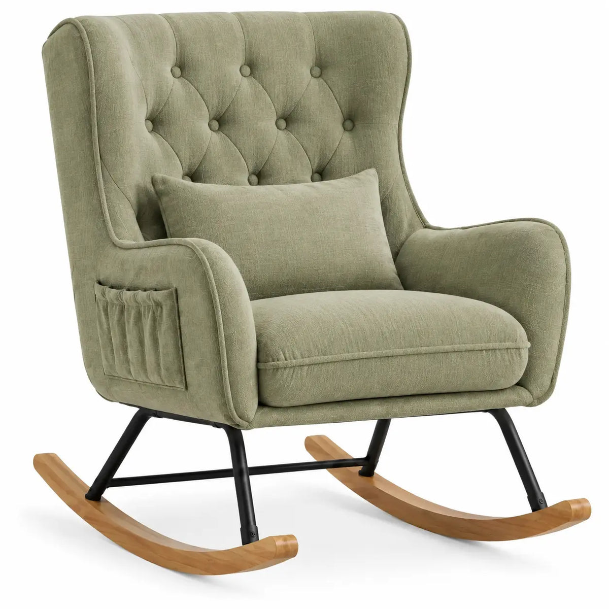 Mecedora tapizada con botones decorativos y respaldo alto, verde y marrón