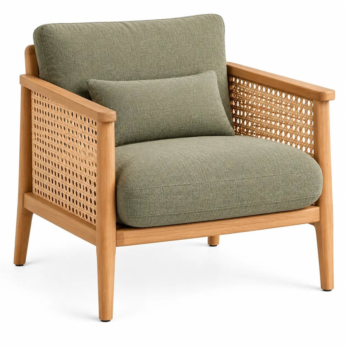 Sillón con estructura abierta con detalles de entramado, verde y marrón