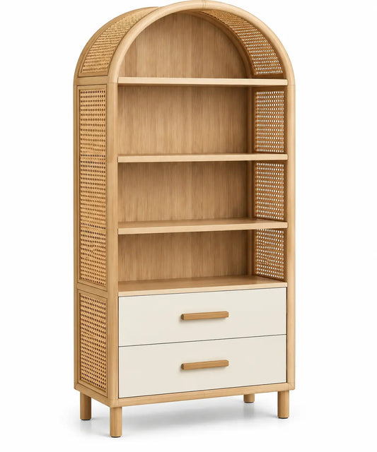 Estantería con almacenamiento con formas arqueadas y cajones, marrón y blanco