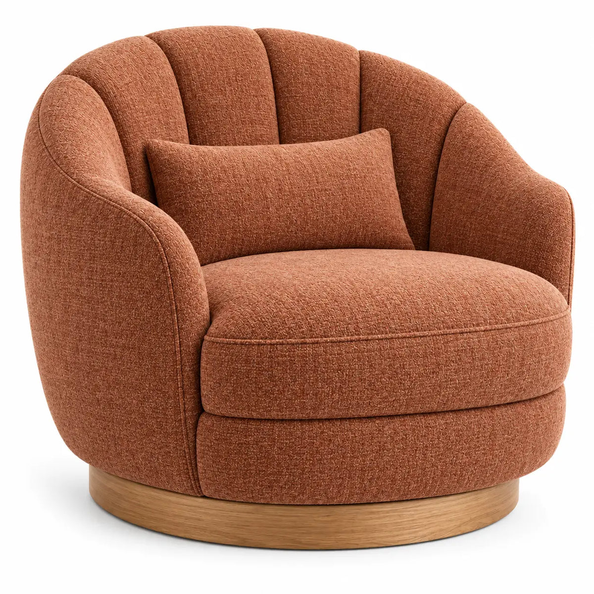 Sillón tapizado de líneas curvas con acolchado acanalado, terracota y marrón
