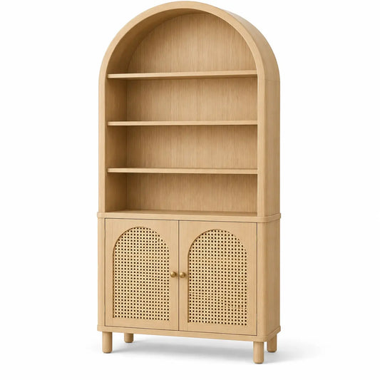 Estantería con almacenamiento con formas arqueadas y detalles de entramado, marrón