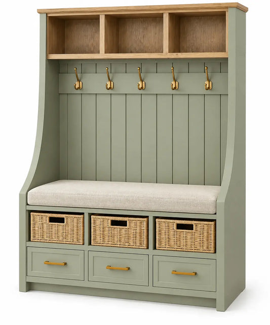 Mueble de recibidor con detalles de entramado y estantes, verde y marrón