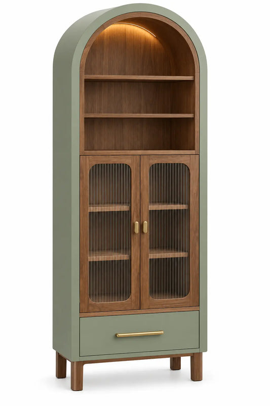 Estantería con almacenamiento con formas arqueadas y puertas acristaladas, verde y marrón