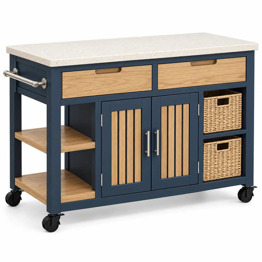 Mueble auxiliar de cocina con ruedas con detalles de líneas verticales y estantes, azul y marrón